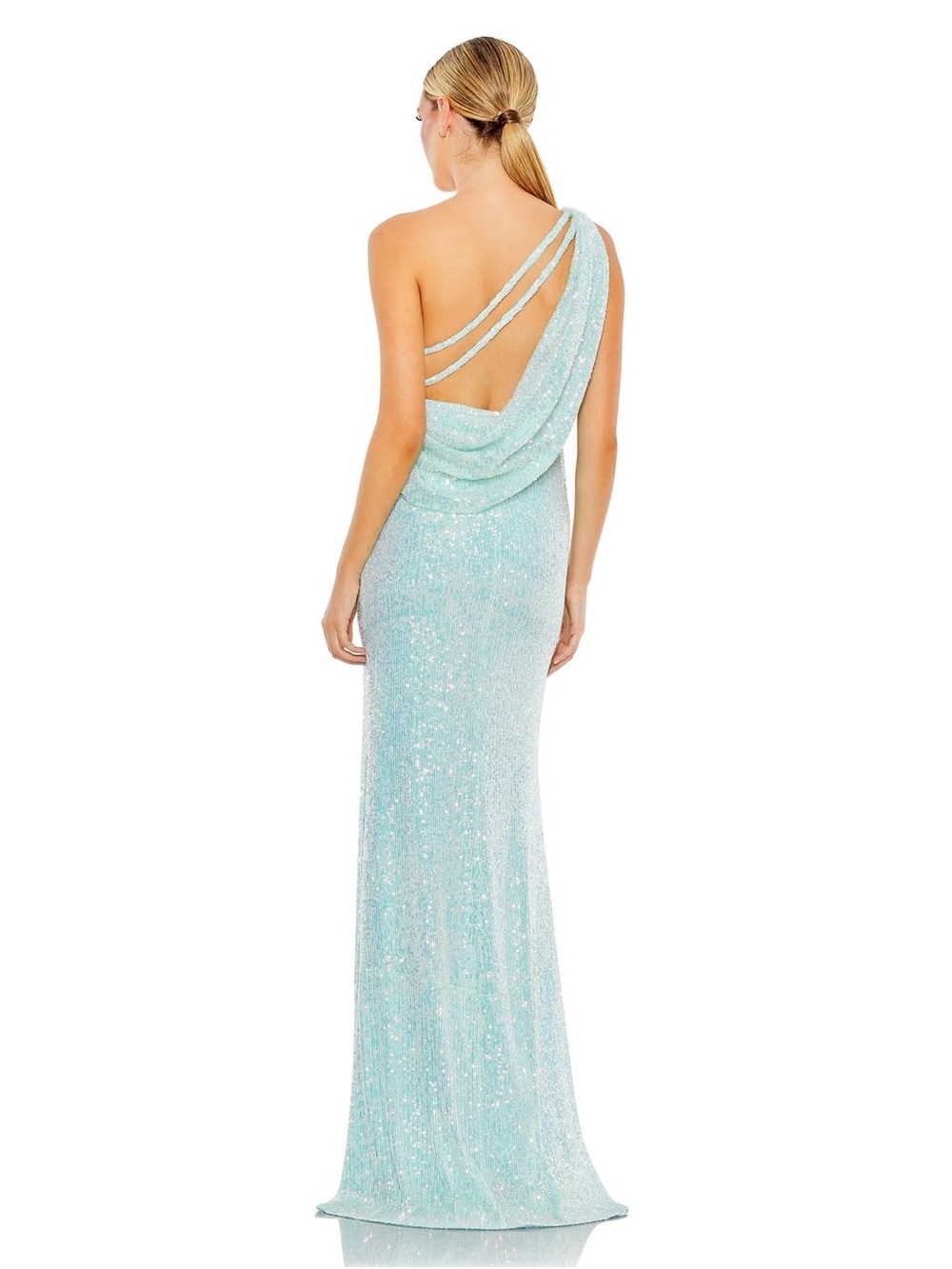 IEENA for Mac Duggal 26990 Sequined Strappy Draped Back Ice Blue Gown Dress Sz 6